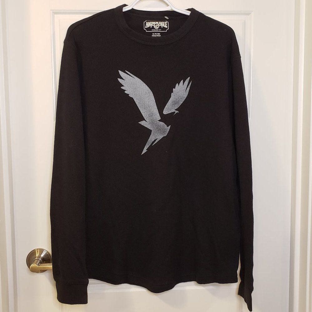 American Eagle Men's Black Grey Eagle Cuffed Long Sleeves Waffle Shirt -Size: XL